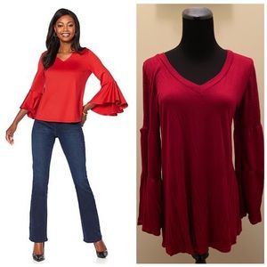 NEW V-Neck Red Flowy Bell Sleeve Top Blouse